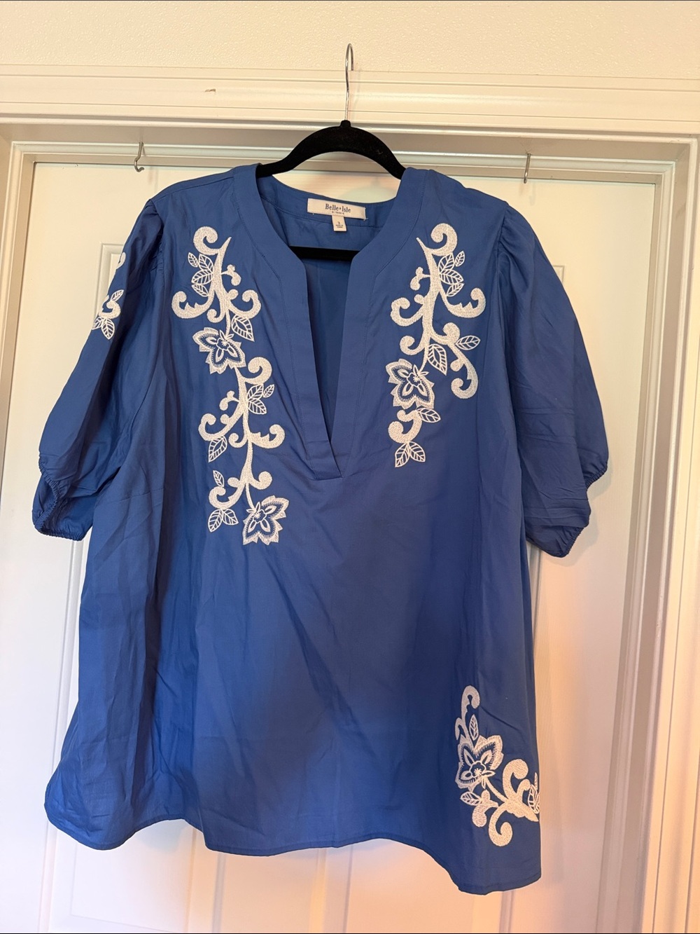 torrid Blue V-Neck Tunic with White Floral Embroidery